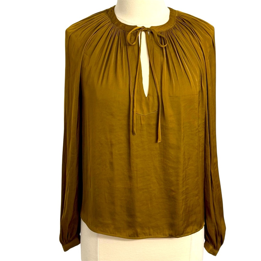 Tahari Women's Pleated Long‎ Sleeve Satin V Neck Keyhole Blouse, Bronze, Size XS
